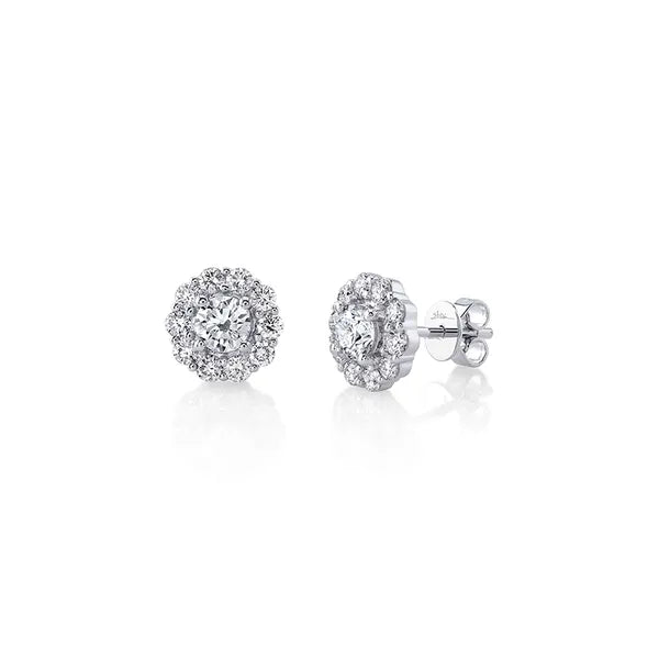 Shy Creation Stud Earrings in 14K White Gold with Radiant Diamonds in a Halo design.