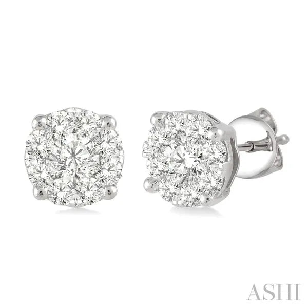Ashi Stud Earrings in 14K White Gold with Round Diamonds in a Prong design. These earrings offer total weight 1.00 ctw, Push Back closure.