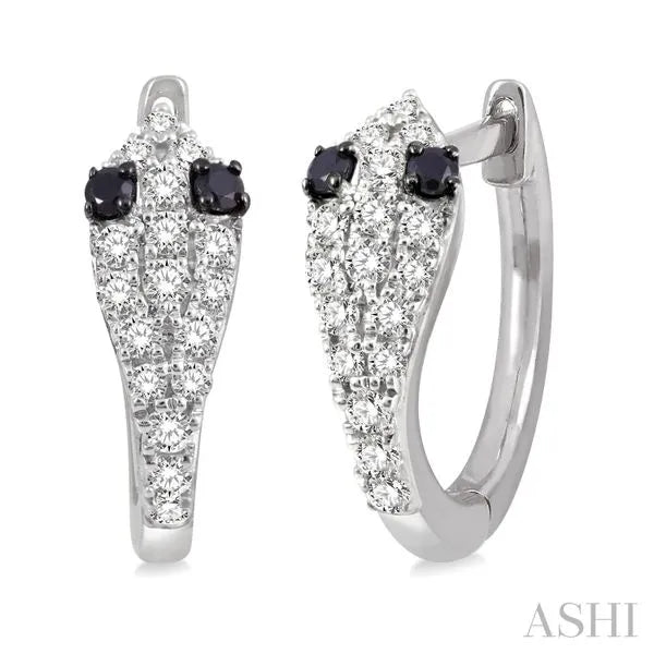 Ashi Huggie Earrings in 10K White Gold with Round Black Diamonds, White Diamonds. These earrings offer total weight 0.04 ctw, Hinged Hoop closure.