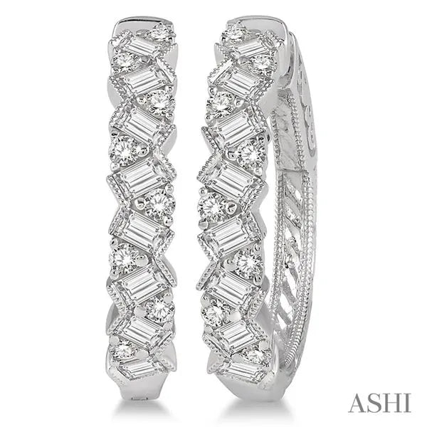 Ashi Hoop Earrings in 14K White Gold with Baguette Diamonds in a Pavé design. These earrings offer total weight 1.06 ctw, Hinged Hoop closure.