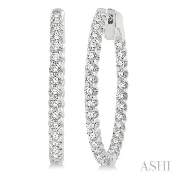 Ashi Hoop Earrings in 14K White Gold with Round Brilliant Diamonds in a Pavé design. These earrings offer total weight 2.00 ctw, Hinged Hoop closure.