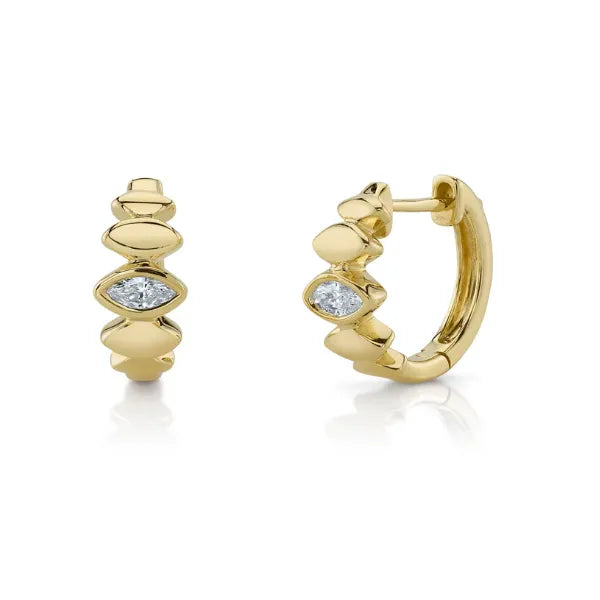 Shy Creation Huggies Earrings in 14K Yellow Gold with Marquise Diamonds. These earrings offer total weight 0.15 ctw, Hinged Huggie closure.