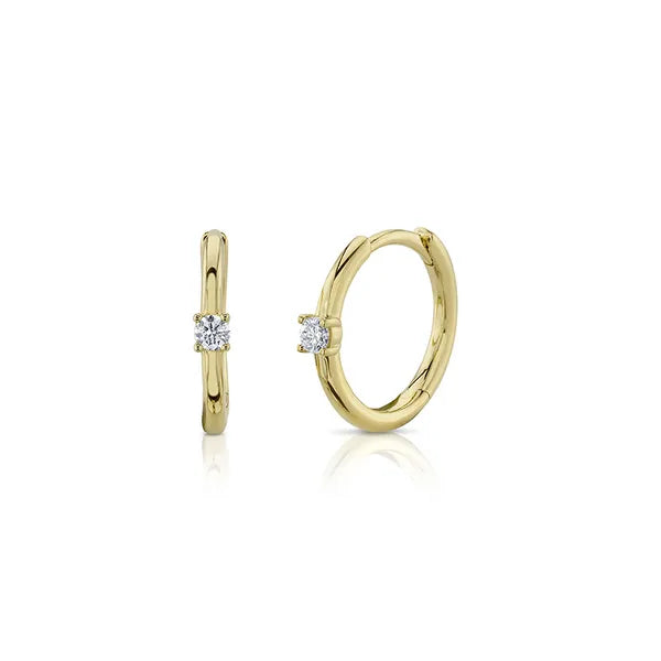 Shy Creation Huggies Earrings in 14K Yellow Gold with Round Diamonds. These earrings offer Hinged Huggie closure.