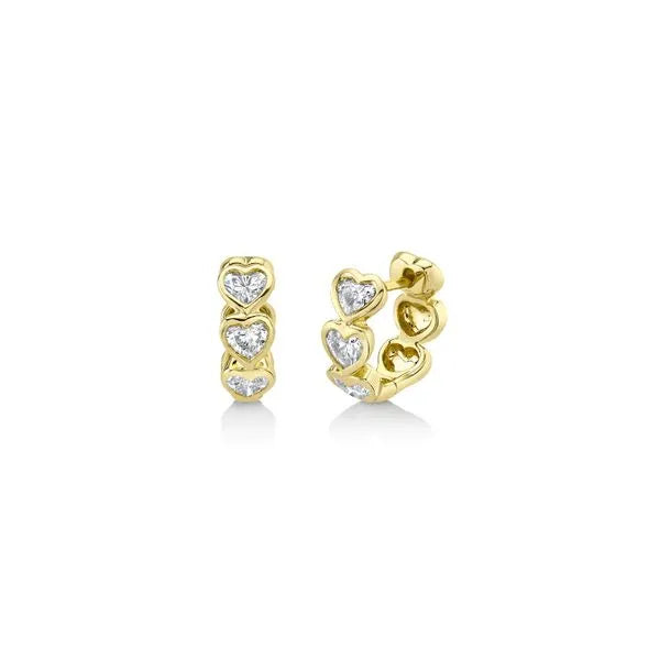 Shy Creation Huggies Earrings in 14K Yellow Gold with Heart Diamonds. These earrings offer Hinged Huggie closure.