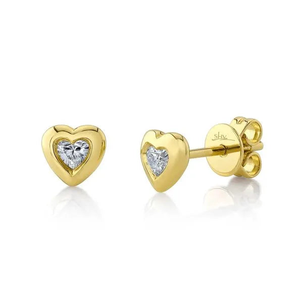 Shy Creation Stud Earrings in 14K Yellow Gold with Heart Diamonds.