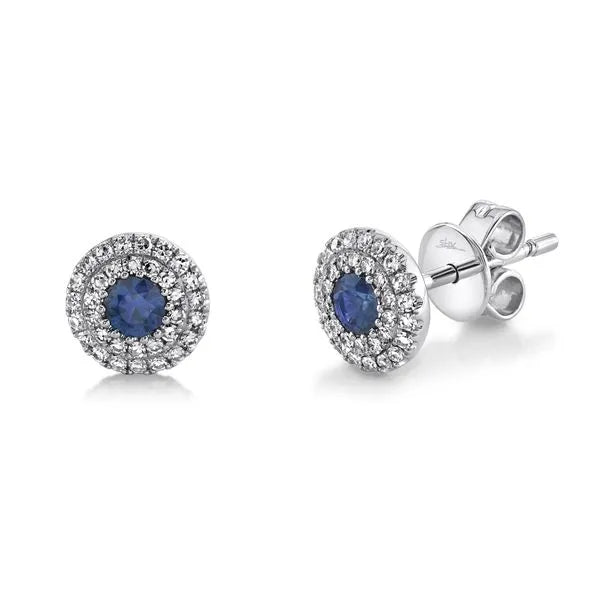 Shy Creation Stud Earrings in 14K White Gold with Round Diamonds, Sapphire.