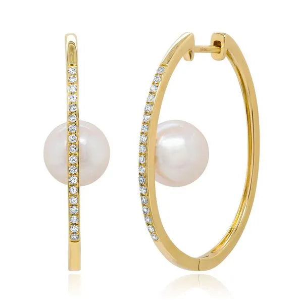 Shy Creation Medium Hoop Earrings in 14K Yellow Gold with Round Diamonds, Pearl.