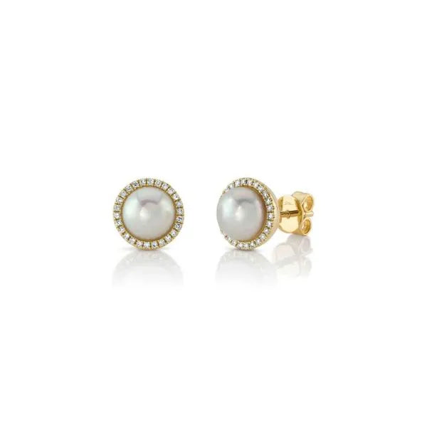 Shy Creation Stud Earrings with Round Diamonds, Pearl.