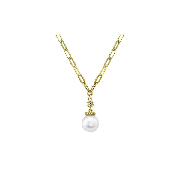 Shy Creation Cable Link (18”, adjustable) in 14K Yellow Gold featuring Diamonds, Pearl.