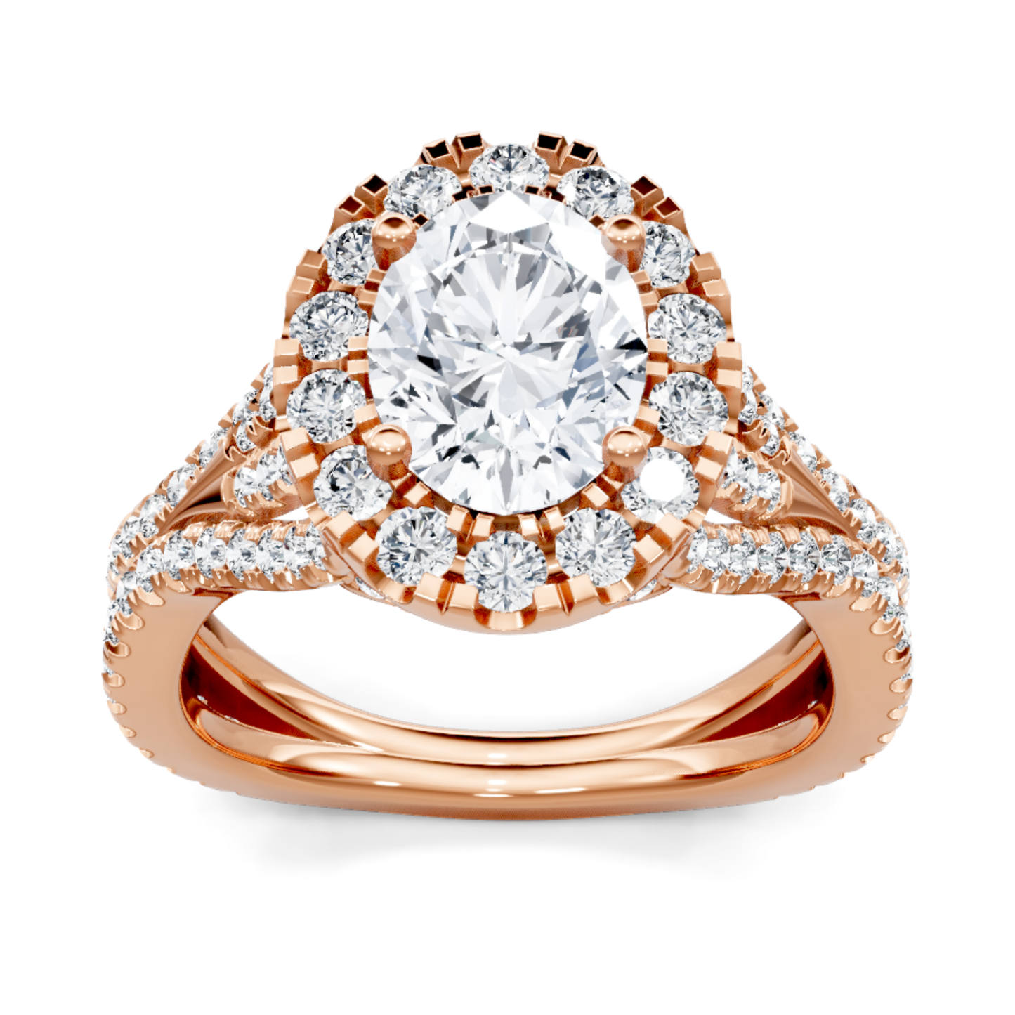 Crafted in 14K Rose' Gold and a halo setting featuring a round, oval center diamond of 0.1 carats.