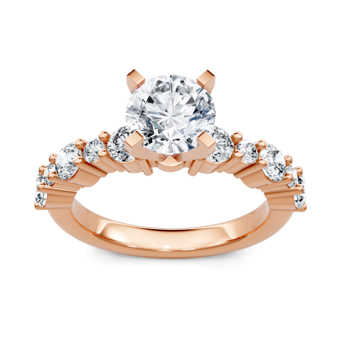 Crafted in 14K Rose' Gold and a pave' setting featuring a round center diamond of 0.6 carats.