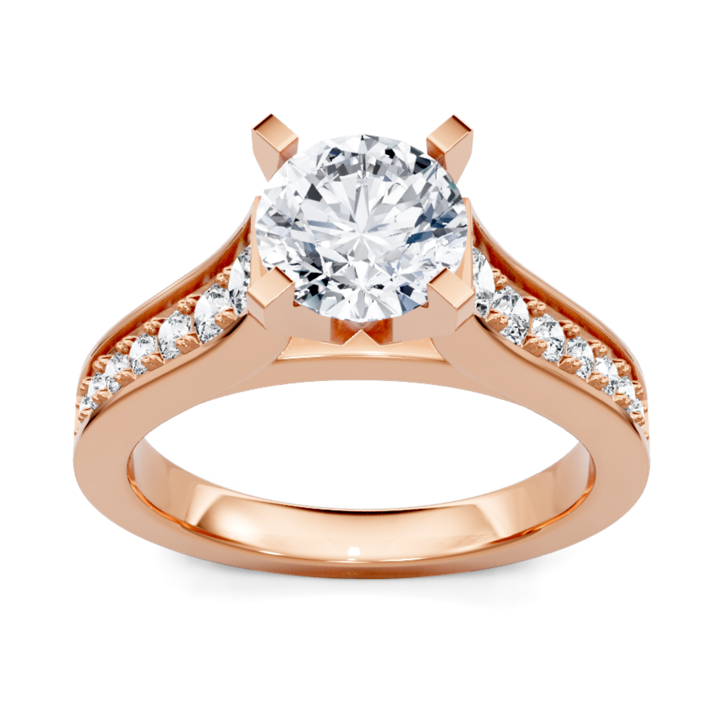 Crafted in 14K Rose' Gold and a pave' setting featuring a round center diamond of 0.4 carats.