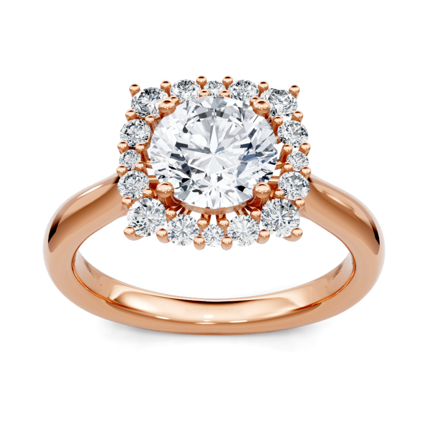 Crafted in 14K Rose' Gold and a halo setting featuring a round, cushion center diamond of 0.38 carats.