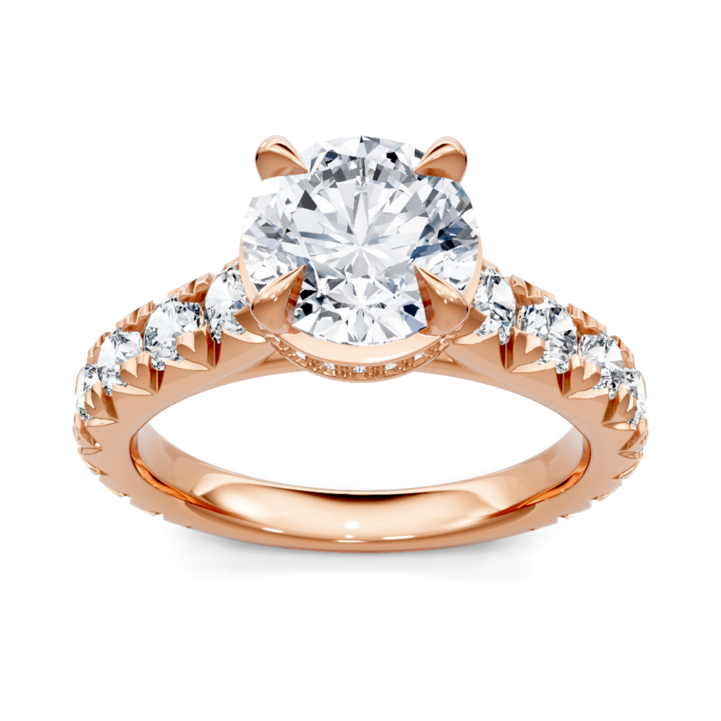 Crafted in 14K Rose' Gold and a pave' setting featuring a round center diamond of 1.0 carats.