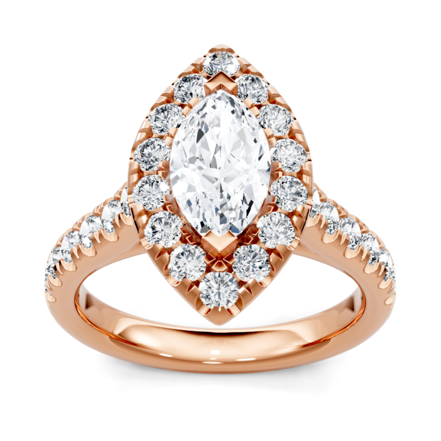 Crafted in 14K Rose' Gold and a halo setting featuring a round, marquise center diamond of 0.8 carats.