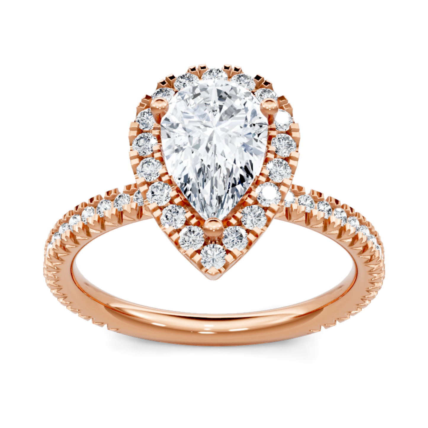Crafted in 14K Rose' Gold and a halo setting featuring a round, pear center diamond of 0.4 carats.