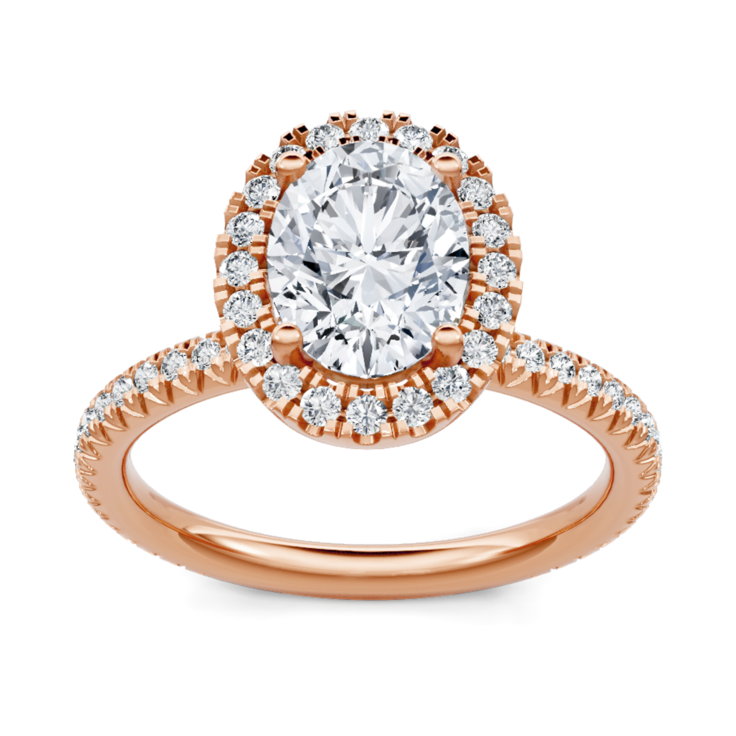 Crafted in 14K Rose' Gold and a halo setting featuring a round, oval center diamond of 0.38 carats.