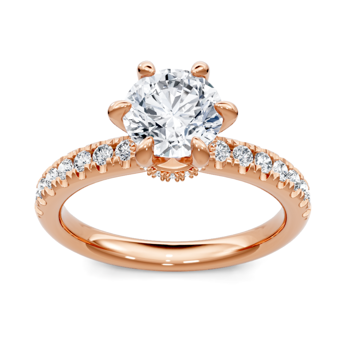 Crafted in 14K Rose' Gold and a pave' setting featuring a round center diamond of 0.75 carats.