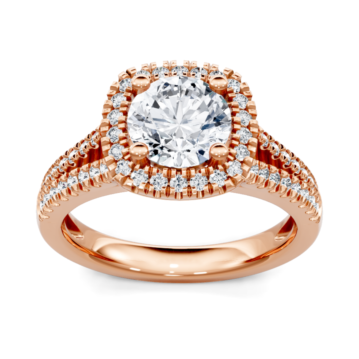 Crafted in 14K Rose' Gold and a halo setting featuring a round, cushion center diamond of 0.38 carats.