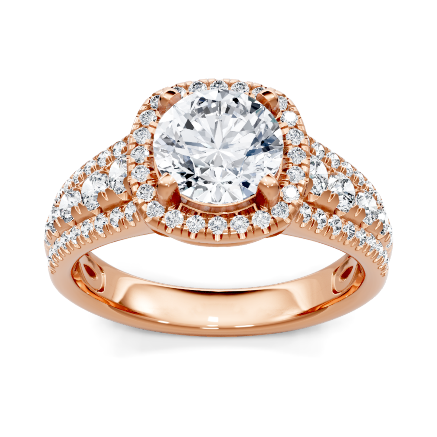 Crafted in 14K Rose' Gold and a halo setting featuring a round center diamond of 0.8 carats.