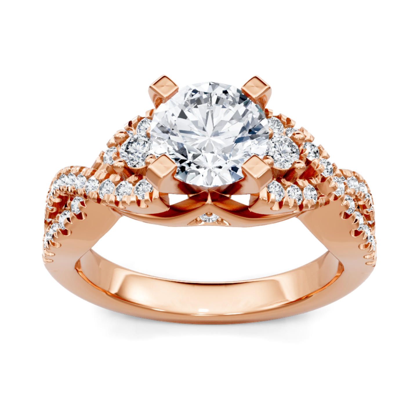 Crafted in 14K Rose' Gold and a pave' setting featuring a round center diamond of 0.38 carats.