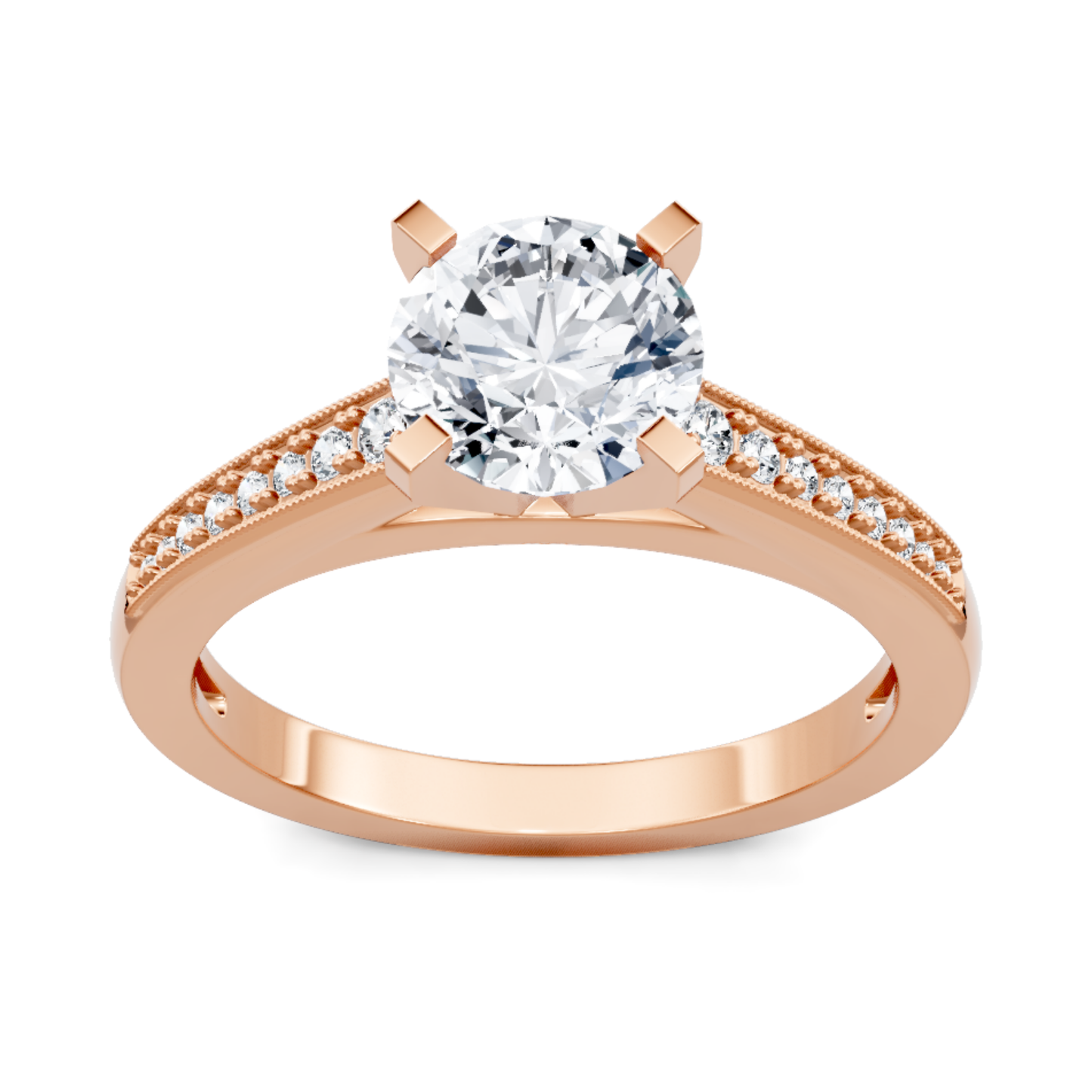 Crafted in 14K Rose' Gold and a pave' setting featuring a round center diamond of 0.17 carats.
