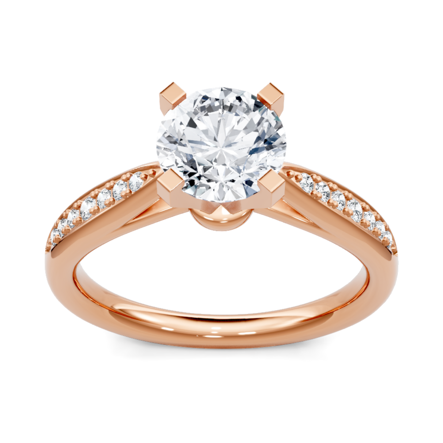 Crafted in 14K Rose' Gold and a pave' setting featuring a round center diamond of 0.1 carats.
