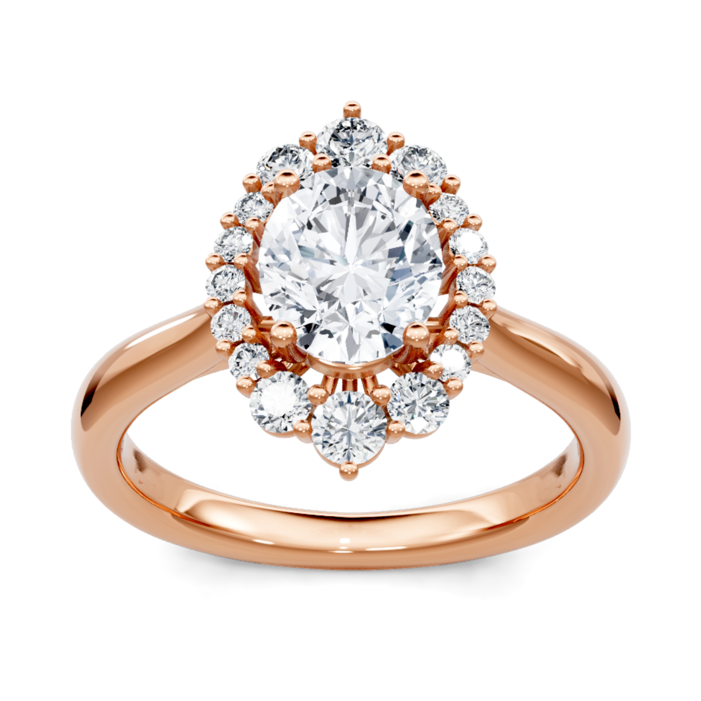 Crafted in 14K Rose' Gold and a halo setting featuring a round, oval center diamond of 0.38 carats.