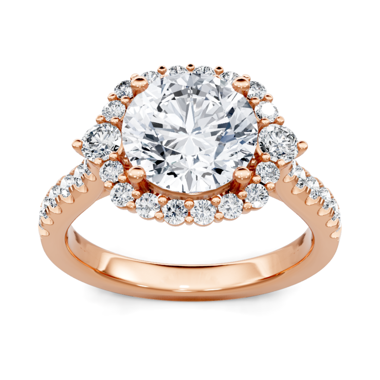 Crafted in 14K Rose' Gold and a halo setting featuring a round center diamond of 0.62 carats.