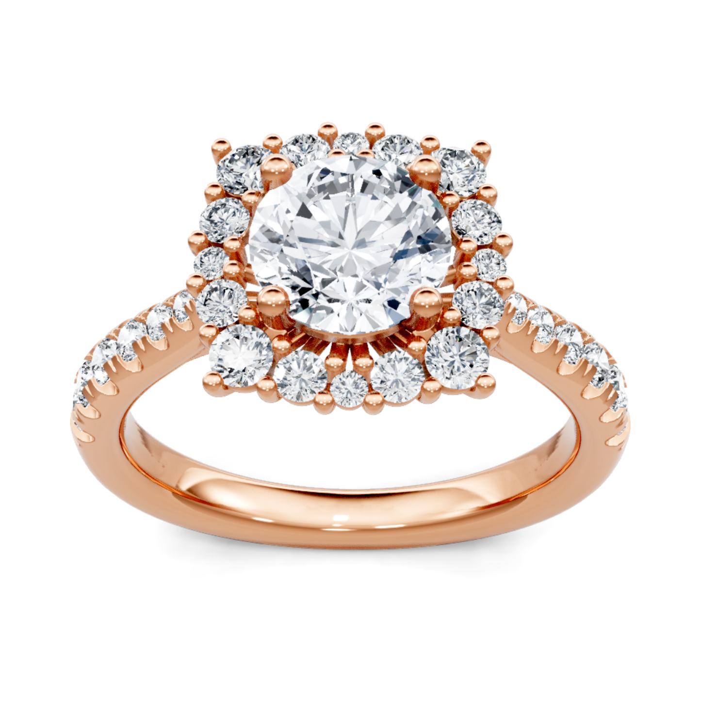 Crafted in 14K Rose' Gold and a halo setting featuring a round, cushion center diamond of 0.6 carats.