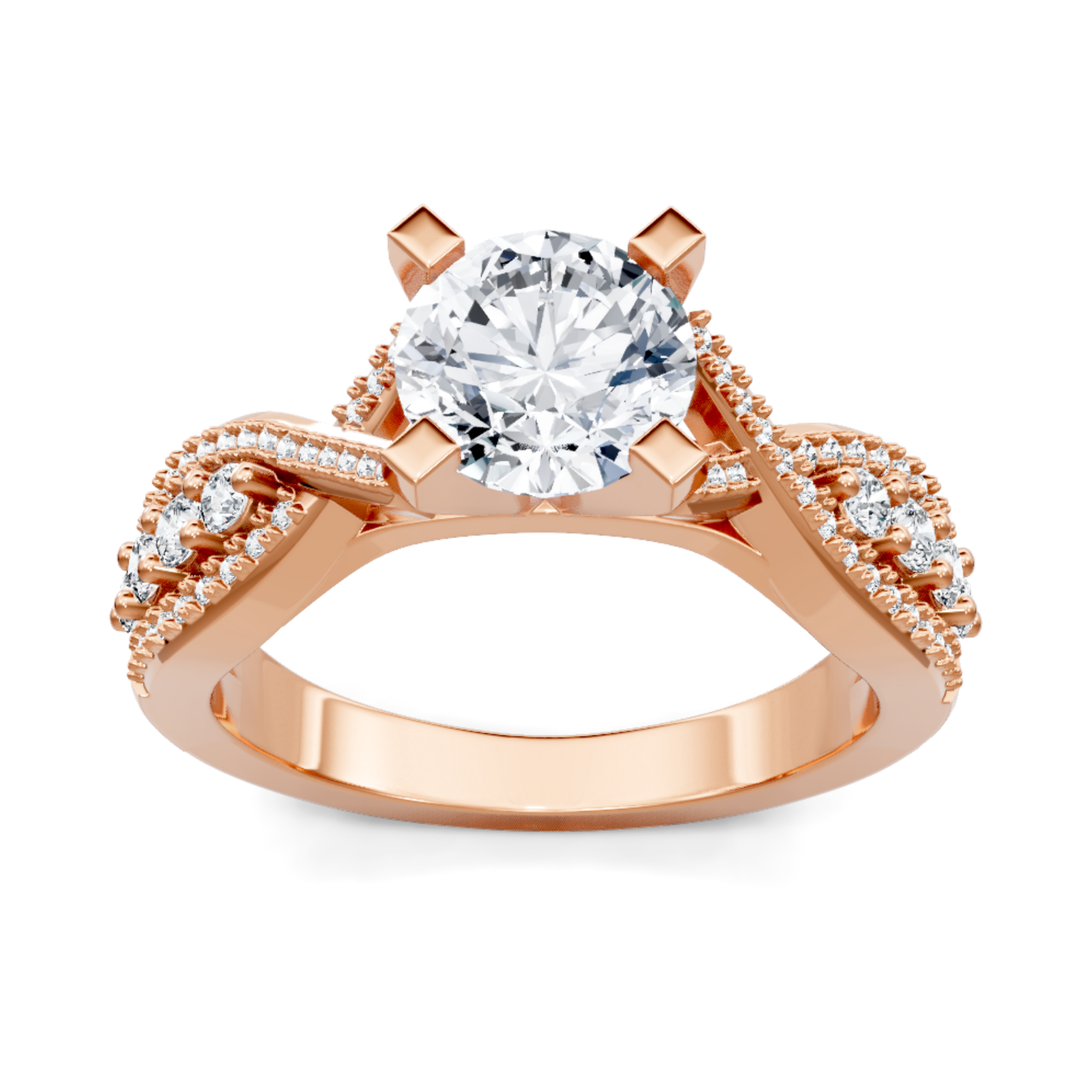 Crafted in 14K Rose' Gold and a pave' setting featuring a round center diamond of 0.33 carats.