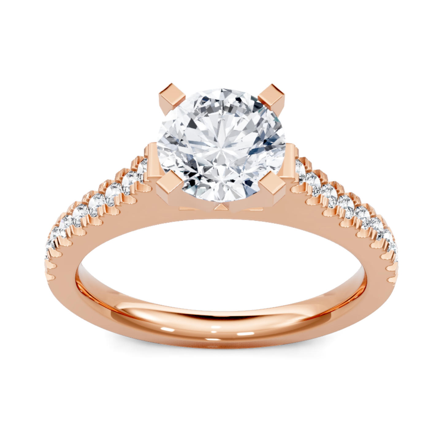 Crafted in 14K Rose' Gold and a pave' setting featuring a round center diamond of 0.25 carats.