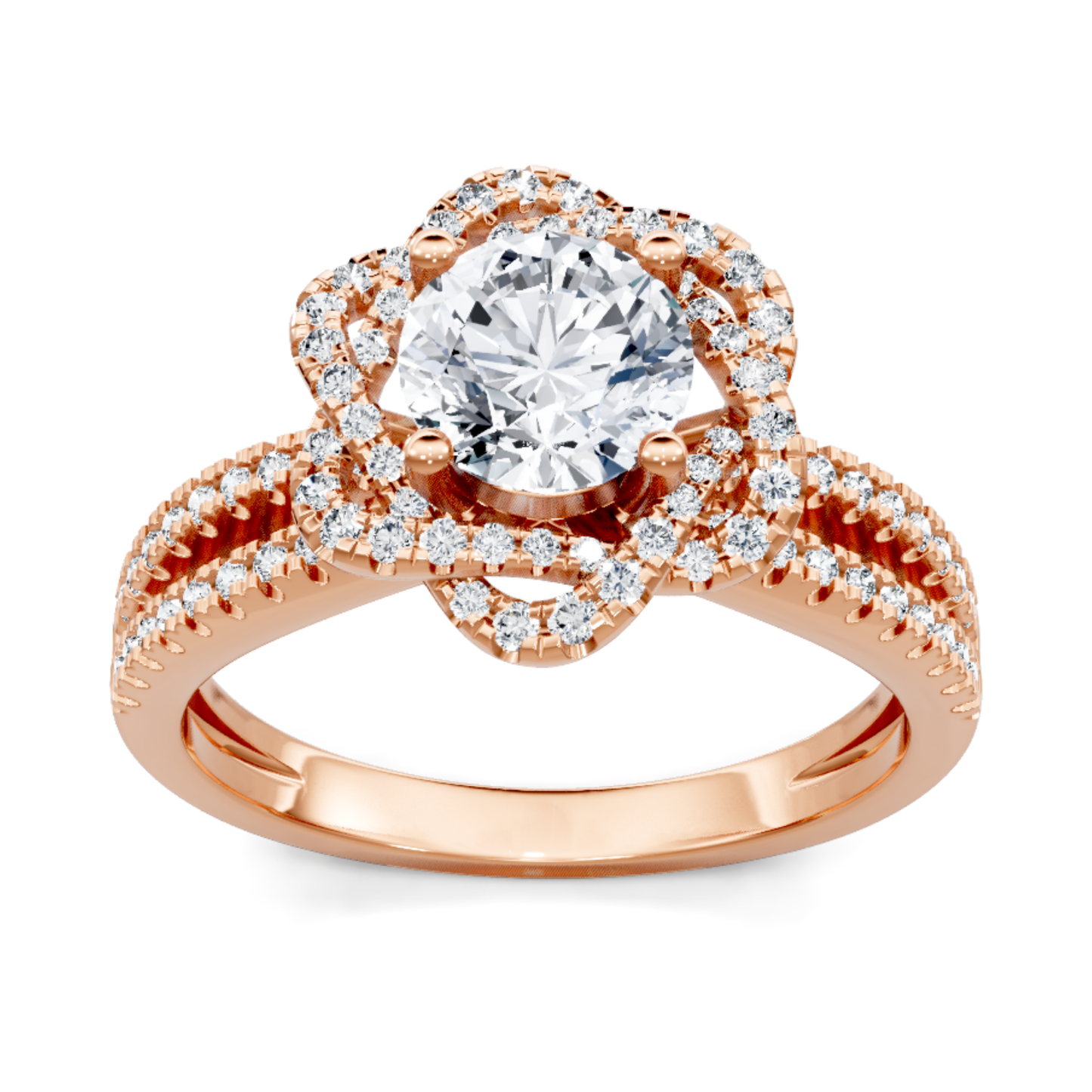 Crafted in 14K Rose' Gold and a pave' setting featuring a round center diamond of 0.33 carats.