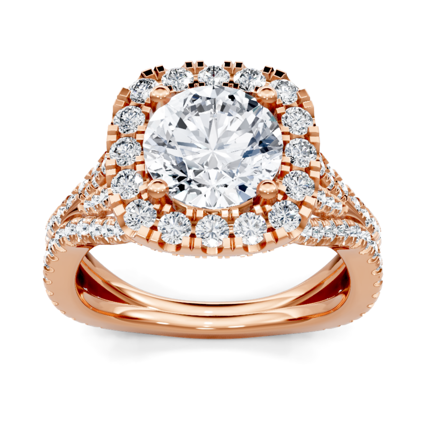 Crafted in 14K Rose' Gold and a halo setting featuring a round, cushion center diamond of 1.0 carats.