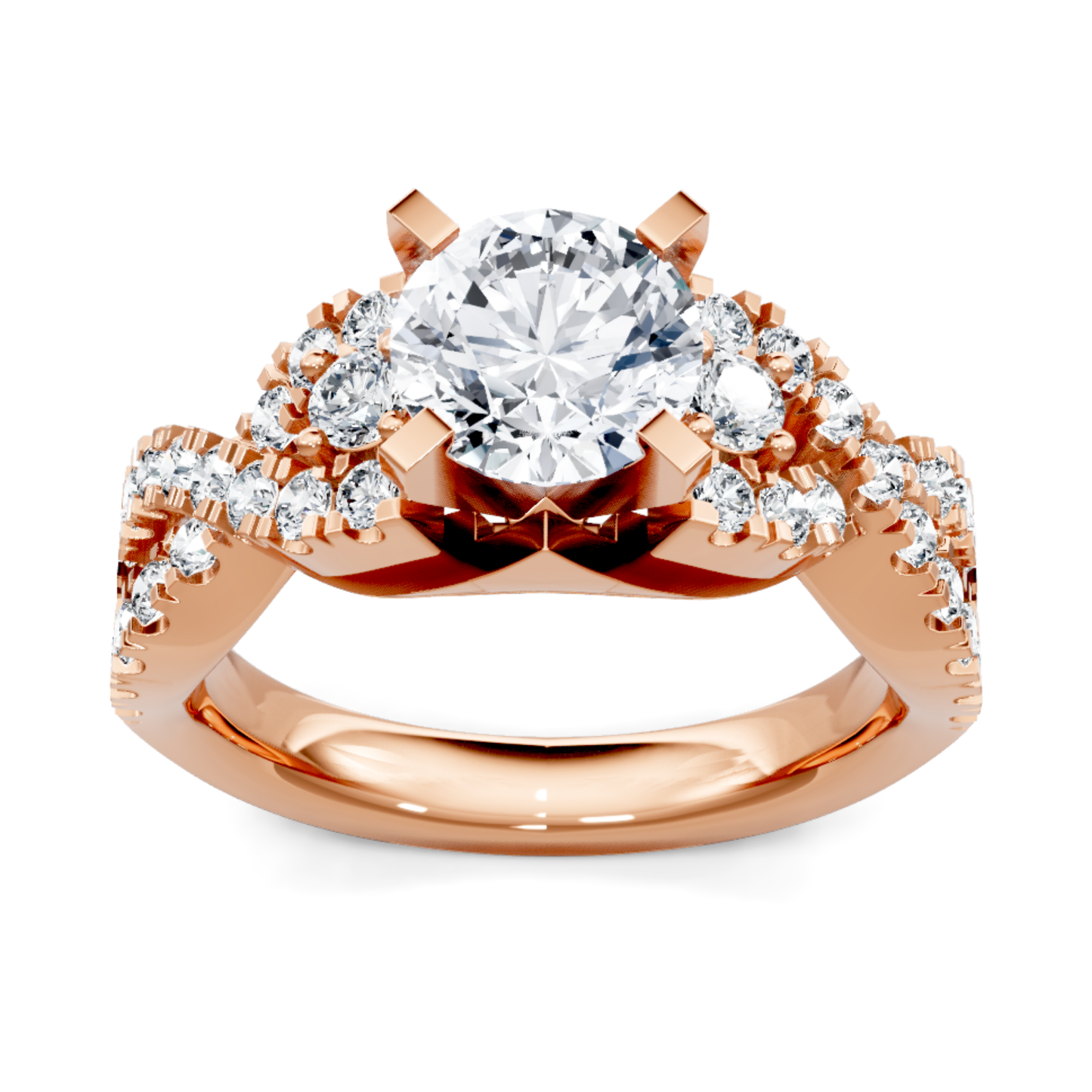 Crafted in 14K Rose' Gold and a pave' setting featuring a round center diamond of 0.67 carats.