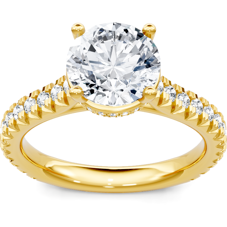 This engagement ring is crafted in 14K Yellow Gold. It showcases a center diamond of approximately 0.5 carats.