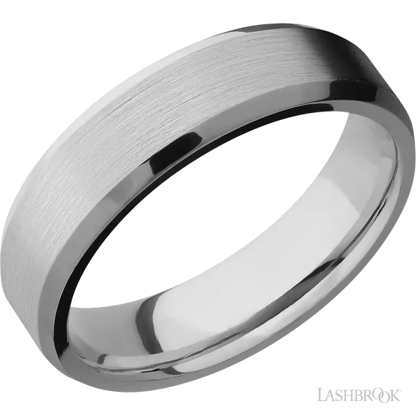 This Titanium wedding band features a beveled style with a beveled setting. The piece is polished and elegant, crafted without diamonds for a refined finish.