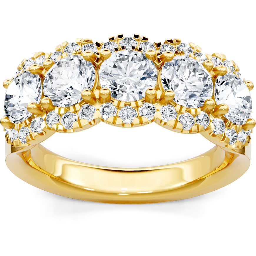 This gold 14K Yellow Gold rose wedding band features a pavé style with a pavé setting. The design is accented with diamonds totaling about 0.55 carats.