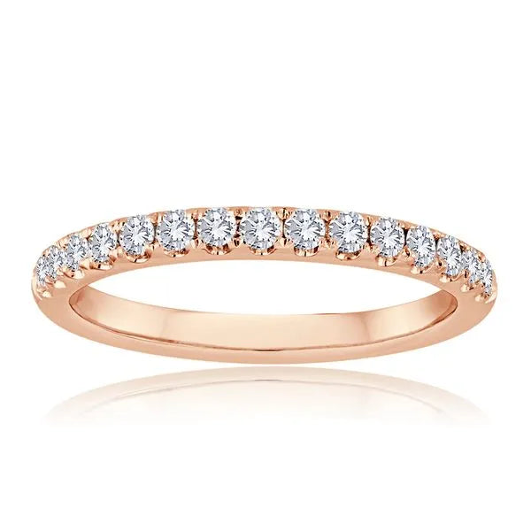 This gold 14K Rose' Gold rose wedding band features a comfort fit style with a comfort fit setting. The design is accented with diamonds totaling about 0.31 carats.