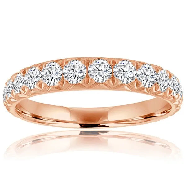 This gold 14K Rose' Gold rose wedding band features a comfort fit style with a comfort fit setting. The design is accented with diamonds totaling about 0.042 carats.