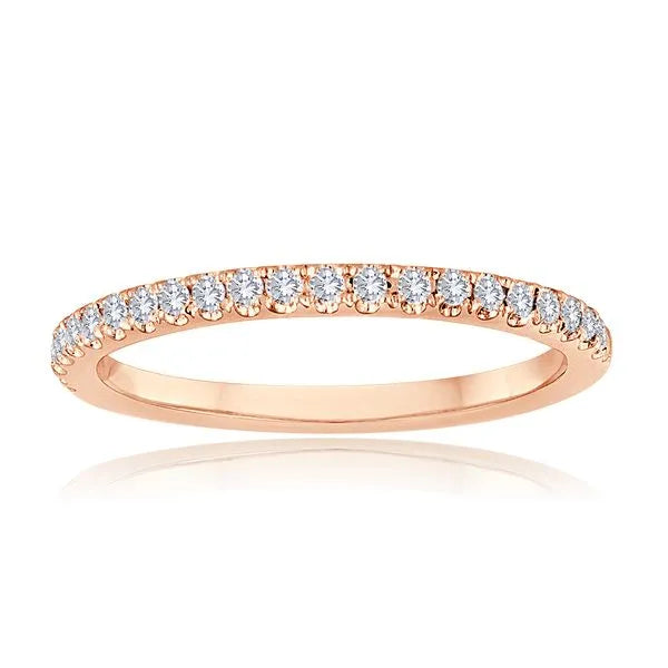 This gold 14K Rose' Gold rose wedding band features a comfort fit style with a comfort fit setting. The design is accented with diamonds totaling about 0.008 carats.