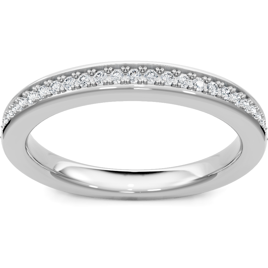 This gold 14K White Gold rose wedding band features a comfort fit style with a comfort fit setting. The design is accented with diamonds totaling about 0.007 carats.
