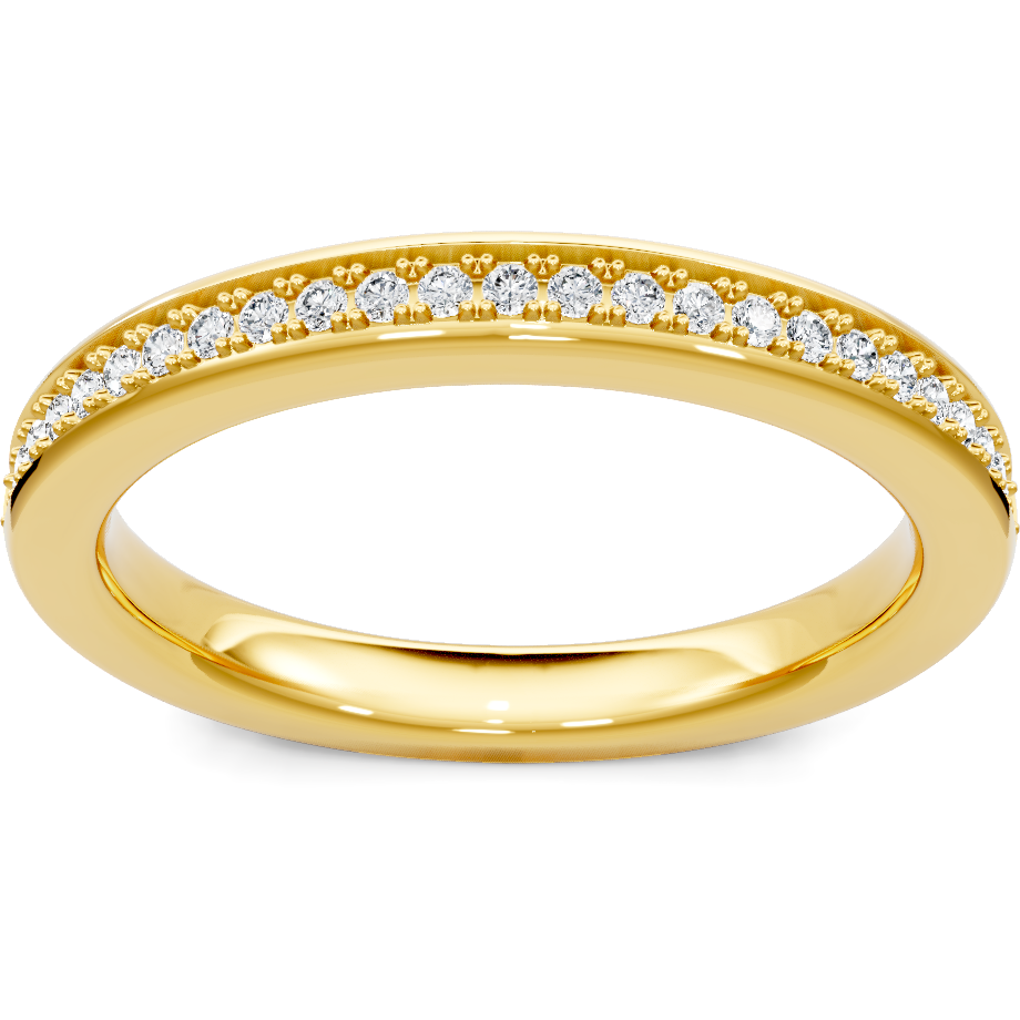 This gold 14K Yellow Gold rose wedding band features a comfort fit style with a comfort fit setting. The design is accented with diamonds totaling about 0.007 carats.