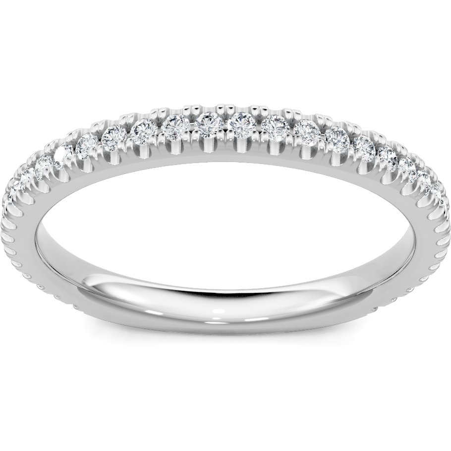 This gold 14K White Gold rose wedding band features a pavé style with a pavé setting. The design is accented with diamonds totaling about 0.007 carats.