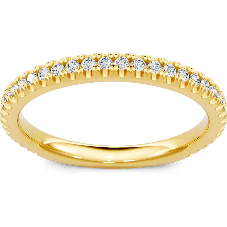 This gold 14K Yellow Gold rose wedding band features a pavé style with a pavé setting. The design is accented with diamonds totaling about 0.007 carats.