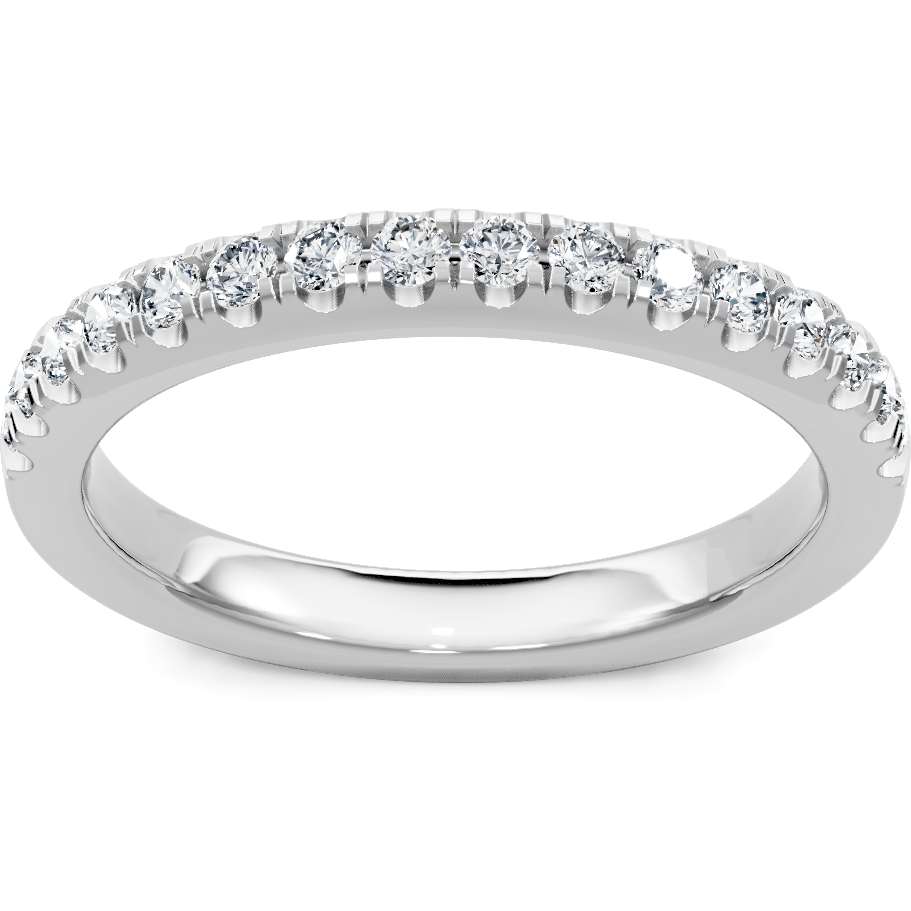 This gold 14K White Gold rose wedding band features a wedding band style with a wedding band setting. The design is accented with diamonds totaling about 0.021 carats.