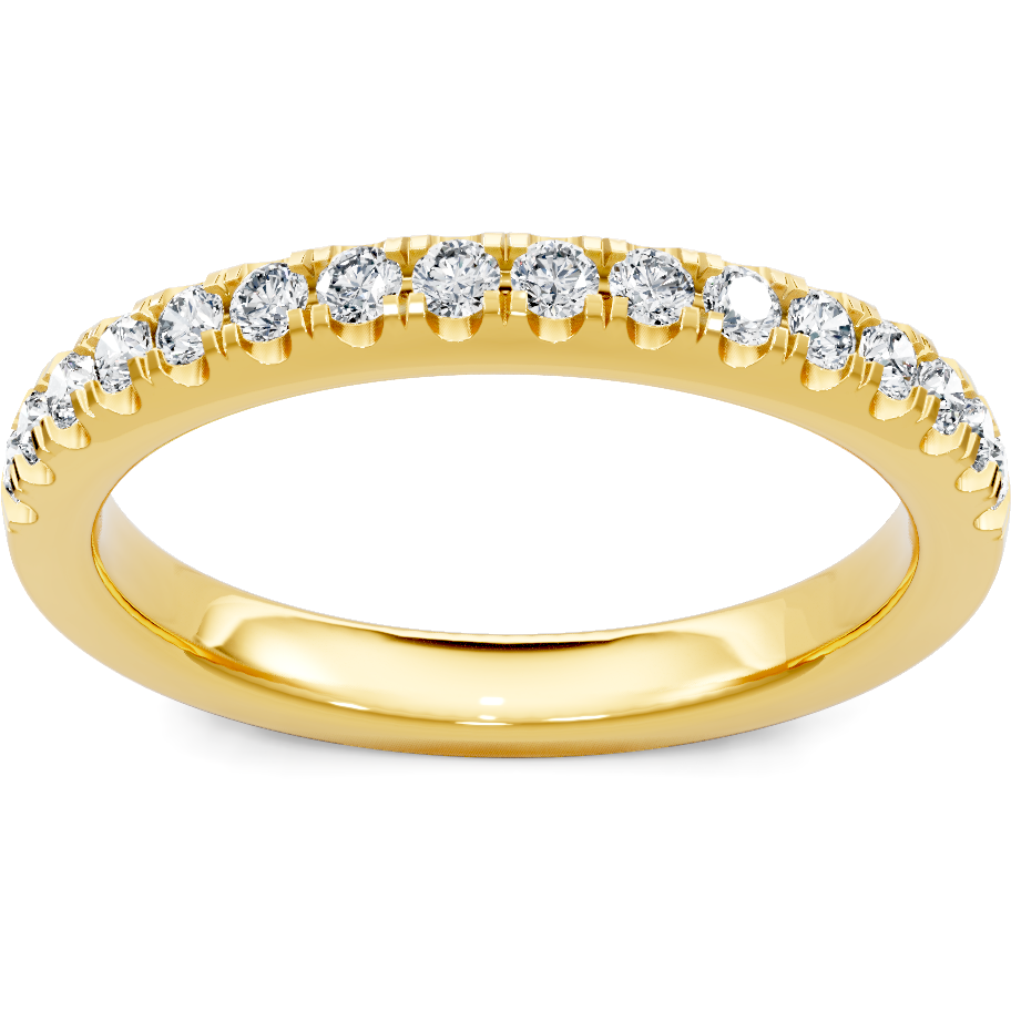 This gold 14K Yellow Gold rose wedding band features a wedding band style with a wedding band setting. The design is accented with diamonds totaling about 0.021 carats.