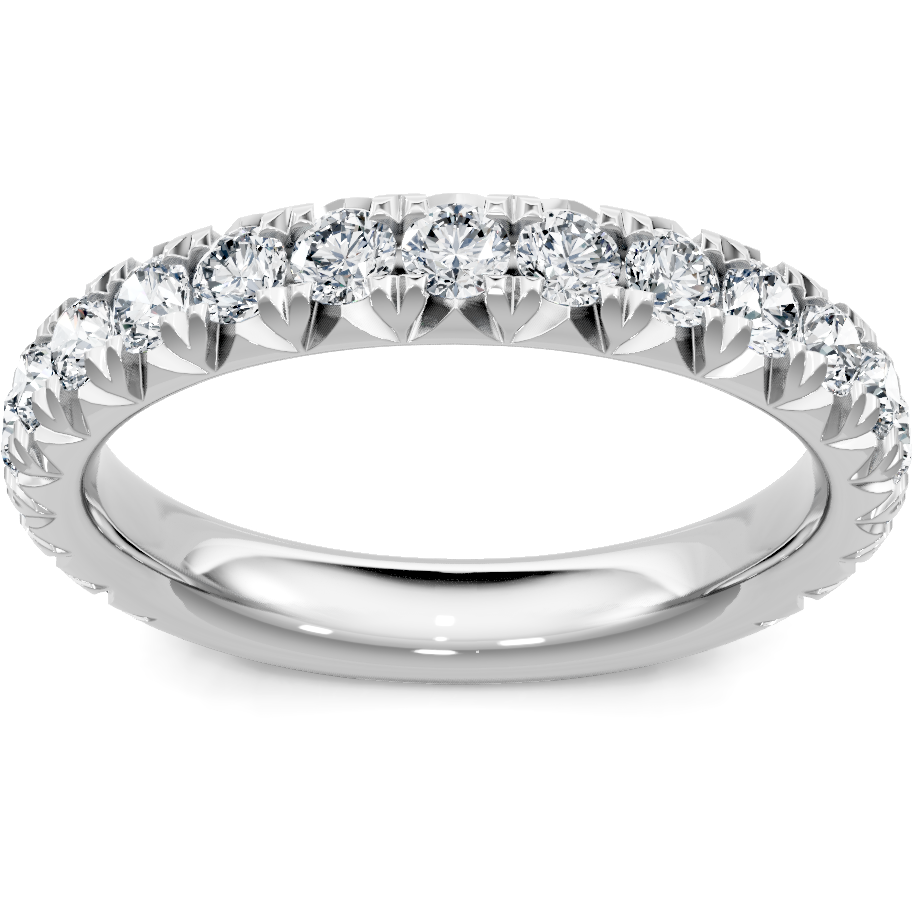 This gold 14K White Gold rose wedding band features a pavé style with a pavé setting. The design is accented with diamonds totaling about 0.021 carats.