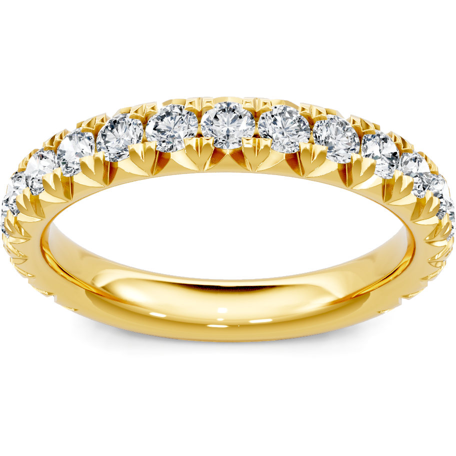 This gold 14K Yellow Gold rose wedding band features a pavé style with a pavé setting. The design is accented with diamonds totaling about 0.021 carats.