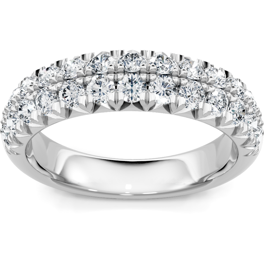This gold 14K White Gold rose wedding band features a comfort fit style with a comfort fit setting. The design is accented with diamonds totaling about 0.013 carats.